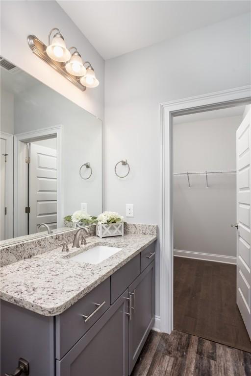 bathroom featuring hardwood / wood-style flooring and vanity