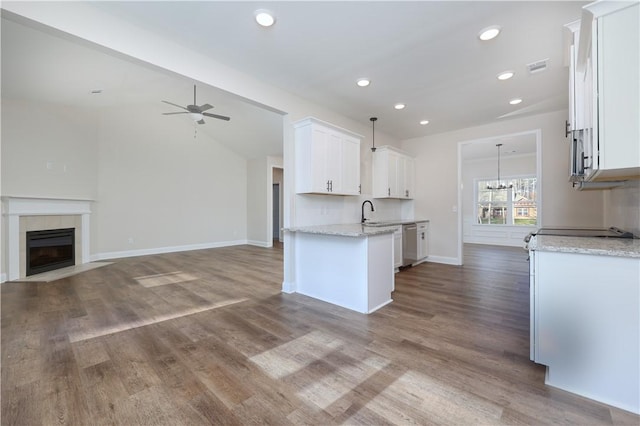 204 Lee Rd Unit 2037, Salem, AL 36874 - kitchen featuring open floor plan, ceiling fan, white cabinetry, stainless steel appliances, and light stone countertops