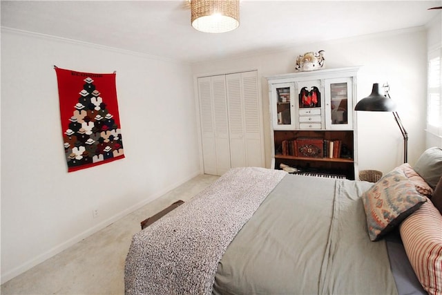 bedroom with carpet flooring and ornamental molding