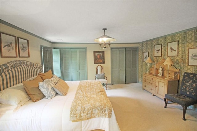 carpeted bedroom with crown molding