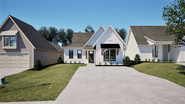 103 Hunters Way, Opelika, AL 36801 - modern farmhouse style home with board and batten siding, concrete driveway, a front lawn, and a garage