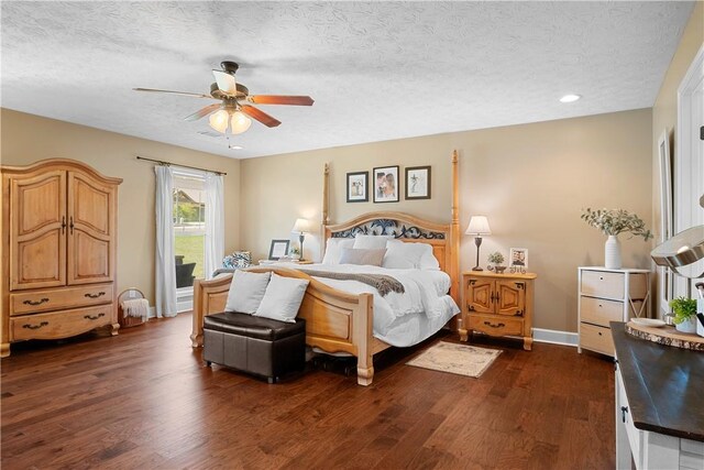 304 Marthas Ct, Opelika, AL 36801 - bedroom featuring a textured ceiling, dark wood-type flooring, a ceiling fan, recessed lighting, and baseboards
