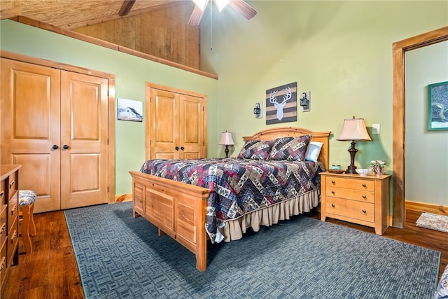 1515 County Road 63, Tuskegee, AL 36083 - bedroom featuring dark wood-style floors, multiple closets, ceiling fan, and high vaulted ceiling