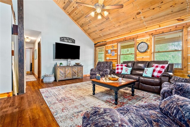 1515 County Road 63, Tuskegee, AL 36083 - living room featuring high vaulted ceiling, wooden ceiling, ceiling fan, and wood finished floors