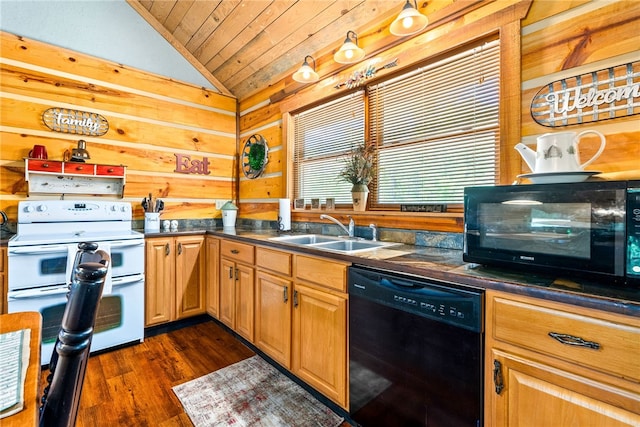 1515 County Road 63, Tuskegee, AL 36083 - kitchen featuring black appliances, vaulted ceiling, wooden ceiling, dark countertops, and dark wood finished floors