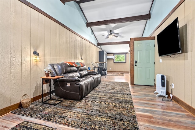1515 County Road 63, Tuskegee, AL 36083 - living room featuring wood finished floors, a ceiling fan, and wood walls
