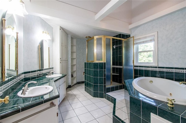 bathroom with vanity, tile patterned floors, built in shelves, separate shower and tub, and beam ceiling