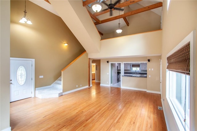 unfurnished living room featuring beam ceiling, light hardwood / wood-style flooring, high vaulted ceiling, and a healthy amount of sunlight