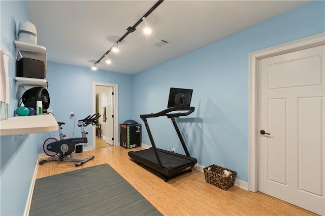 workout room with light hardwood / wood-style flooring and rail lighting