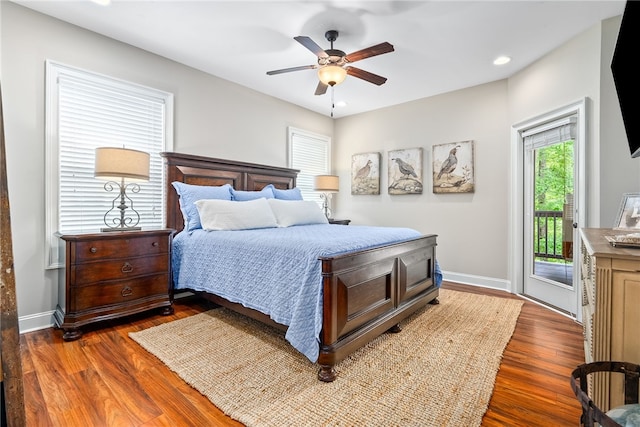1462 Turn Lake Dr, Auburn, AL 36830 - bedroom with access to outside, dark wood-style flooring, a ceiling fan, and recessed lighting