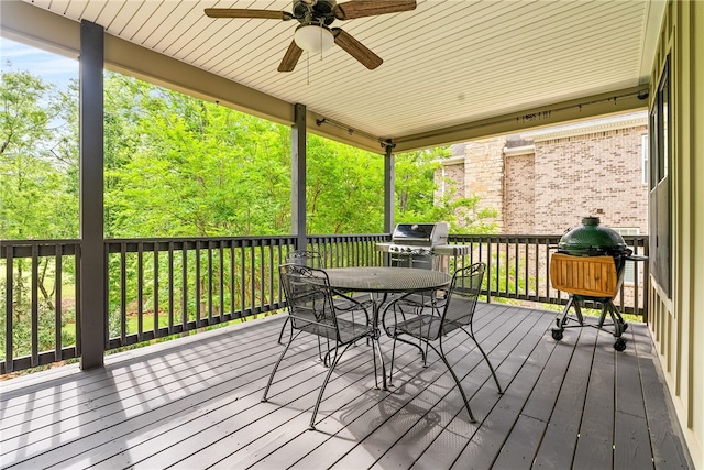 1462 Turn Lake Dr, Auburn, AL 36830 - wooden deck featuring area for grilling, a ceiling fan, and outdoor dining space