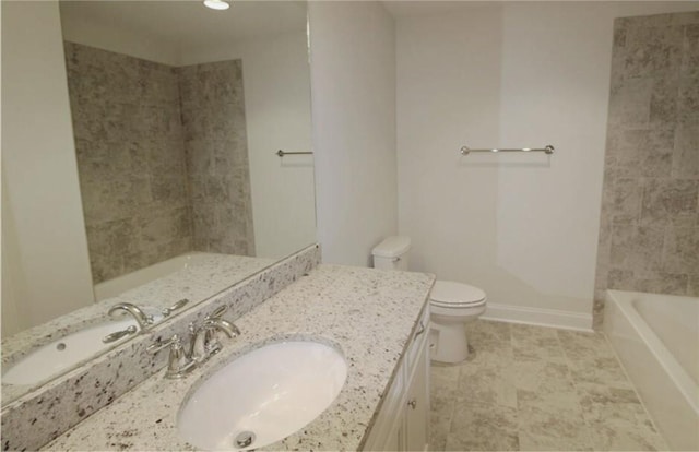 full bathroom with shower with separate bathtub, vanity, and toilet