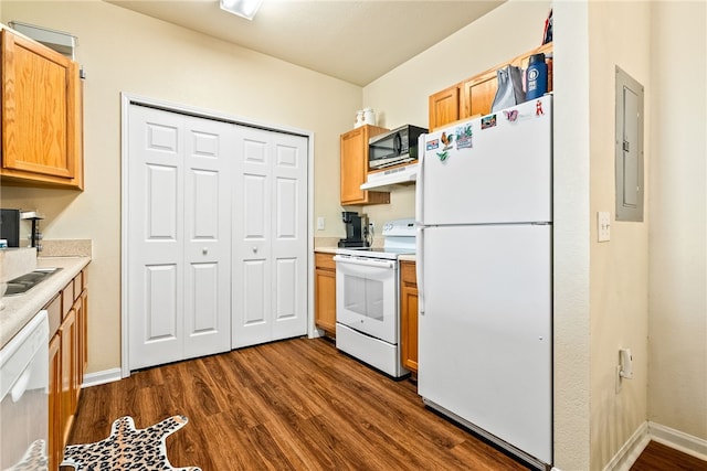 kitchen featuring dark hardwood / wood-style flooring, white appliances, and electric panel