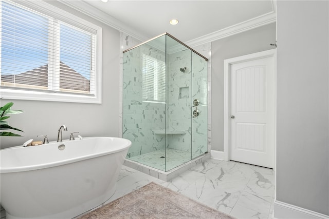 bathroom featuring independent shower and bath and ornamental molding