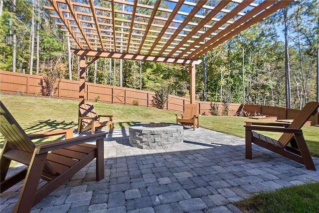 view of patio with a pergola and an outdoor fire pit