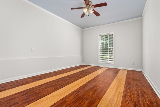 spare room featuring hardwood / wood-style flooring, ceiling fan, and crown molding