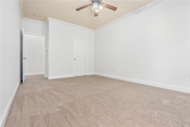 unfurnished bedroom with ceiling fan, light colored carpet, and ornamental molding