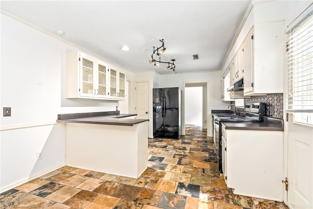 630 Apache St, Auburn, AL 36830 - kitchen with black fridge with ice dispenser, under cabinet range hood, dark countertops, white cabinets, and stone finish floors