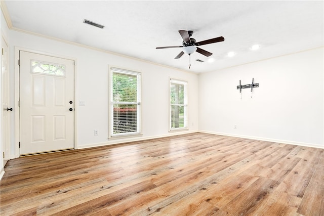 630 Apache St, Auburn, AL 36830 - entryway with light wood-style flooring, crown molding, ceiling fan, and recessed lighting