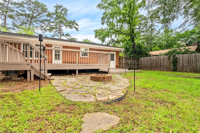 630 Apache St, Auburn, AL 36830 - rear view of property with a fenced backyard, an outdoor fire pit, a deck, a patio, and brick siding