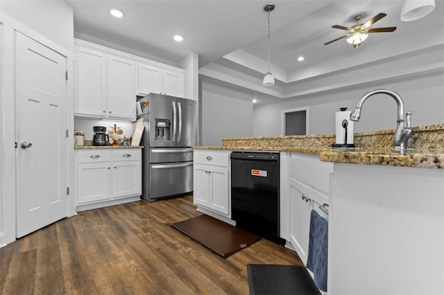 kitchen with white cabinetry, dishwasher, hanging light fixtures, and stainless steel fridge with ice dispenser