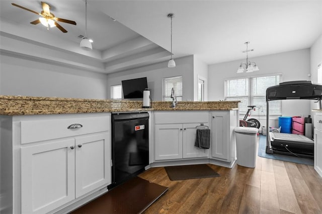 kitchen with hanging light fixtures, white cabinetry, and black dishwasher