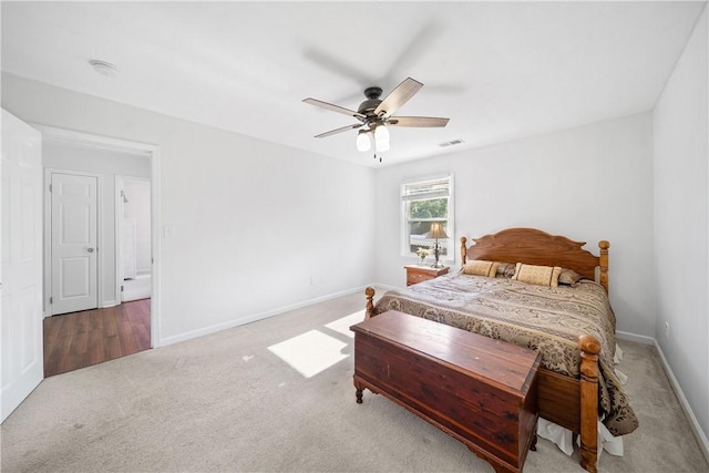 bedroom featuring carpet flooring, baseboards, and ceiling fan