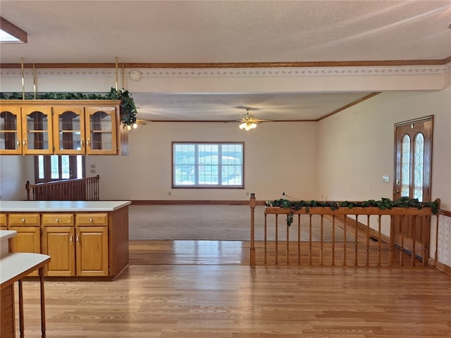 2521 28th Ave, Lanett, AL 36863 - kitchen featuring light wood-type flooring, a ceiling fan, light countertops, a textured ceiling, and glass insert cabinets
