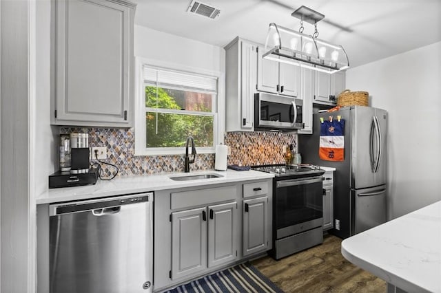 528 Genelda Ave Unit 19, Auburn, AL 36832 - kitchen with stainless steel appliances, gray cabinets, dark wood-type flooring, backsplash, and pendant lighting