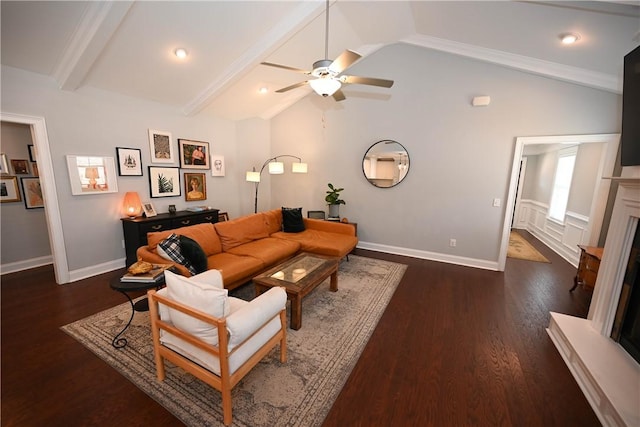 living area featuring wood finished floors, lofted ceiling with beams, baseboards, and ceiling fan
