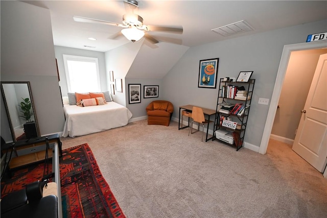 bedroom with baseboards, a ceiling fan, visible vents, and carpet