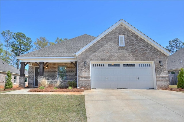 view of front of home featuring roof with shingles, concrete driveway, an attached garage, brick siding, and a porch