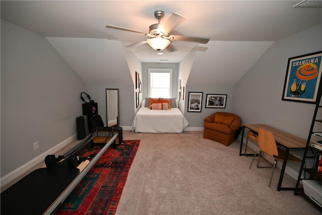 bedroom featuring carpet flooring, a ceiling fan, baseboards, and lofted ceiling