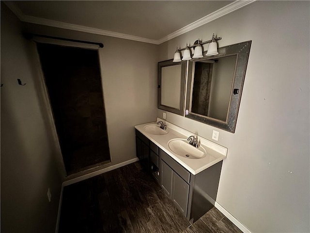 bathroom featuring wood finished floors, crown molding, baseboards, and double vanity