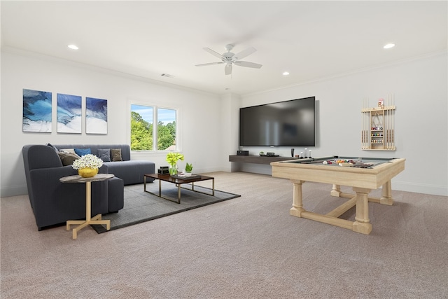 carpeted living room with ceiling fan, ornamental molding, and billiards