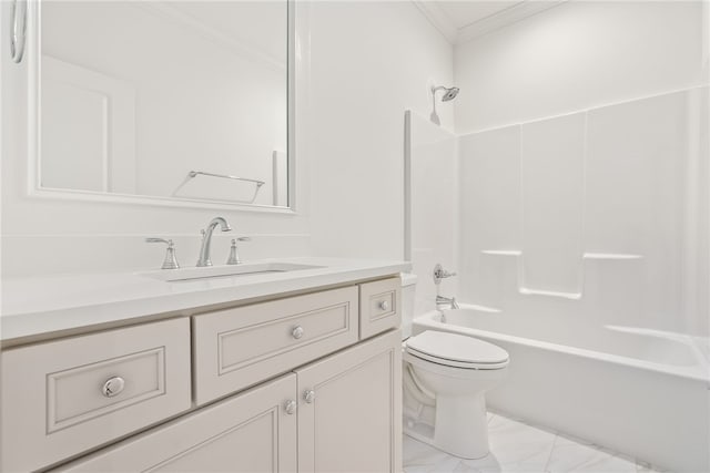 full bathroom with vanity, shower / bath combination, toilet, and ornamental molding