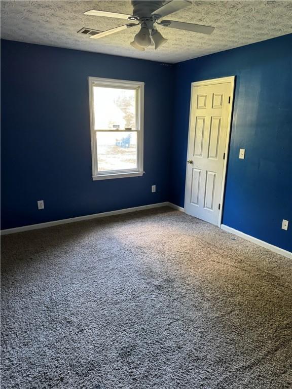 spare room featuring carpet, ceiling fan, and a textured ceiling