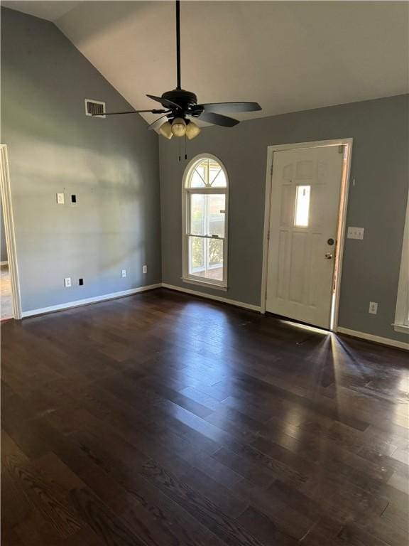 foyer featuring ceiling fan, dark hardwood / wood-style flooring, and lofted ceiling