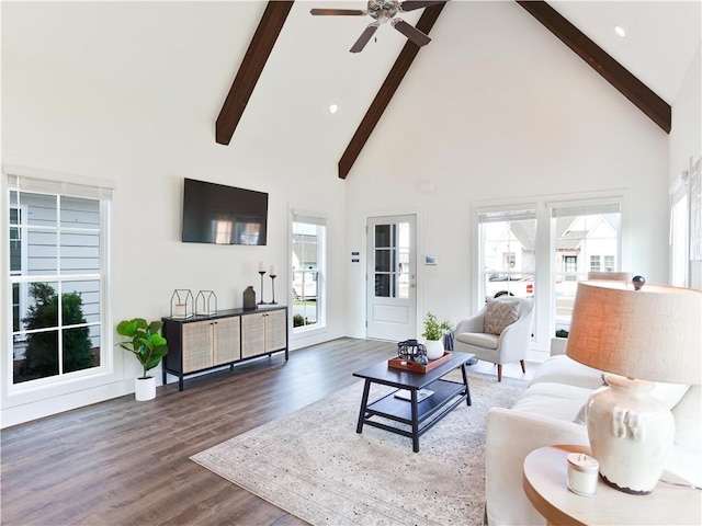 0103 Bradley Ln, Auburn, AL 36830 - living room with beamed ceiling, high vaulted ceiling, a ceiling fan, wood finished floors, and plenty of natural light