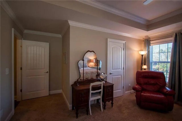 sitting room with carpet and ornamental molding