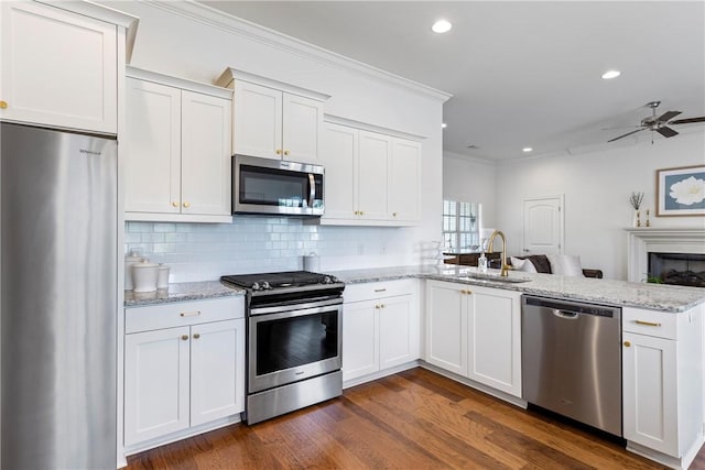 2260 Pam Cir, Auburn, AL 36832 - kitchen featuring appliances with stainless steel finishes, a sink, a peninsula, recessed lighting, and light stone countertops