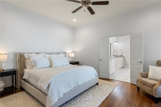 2260 Pam Cir, Auburn, AL 36832 - bedroom featuring hardwood / wood-style floors, ornamental molding, recessed lighting, a ceiling fan, and connected bathroom