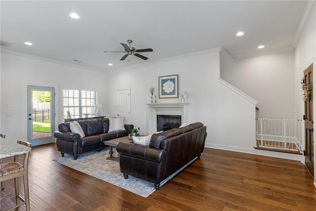 2260 Pam Cir, Auburn, AL 36832 - living room with ceiling fan, crown molding, recessed lighting, dark wood-type flooring, and a fireplace