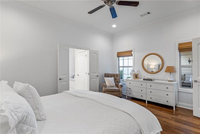 2260 Pam Cir, Auburn, AL 36832 - bedroom with crown molding, wood finished floors, ceiling fan, recessed lighting, and baseboards