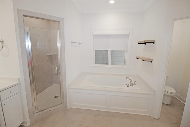 full bathroom with tile patterned floors, toilet, vanity, ornamental molding, and plus walk in shower