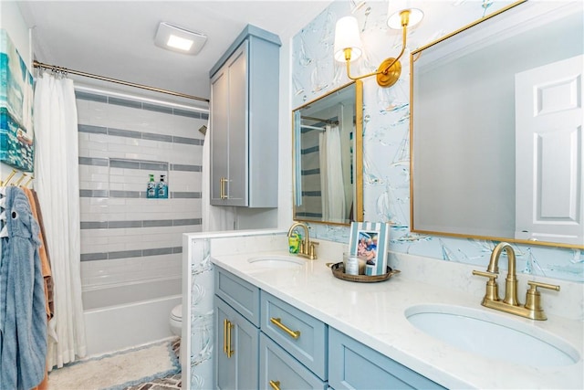 full bathroom featuring vanity, toilet, and shower / bath combo with shower curtain