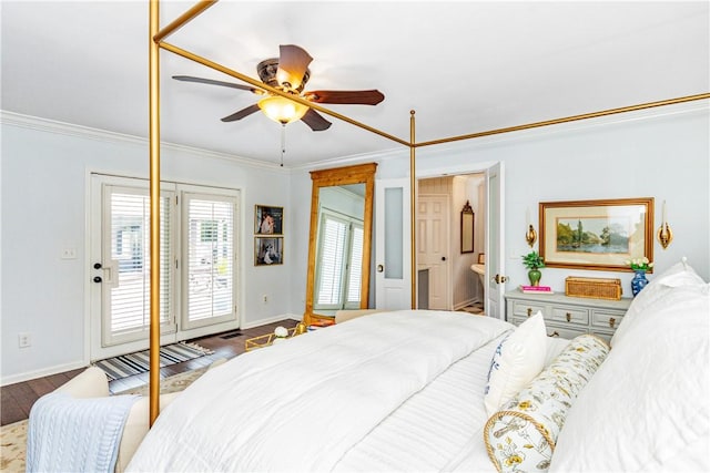 bedroom with crown molding, ensuite bath, ceiling fan, access to exterior, and dark hardwood / wood-style flooring