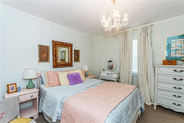 carpeted bedroom with a chandelier and crown molding