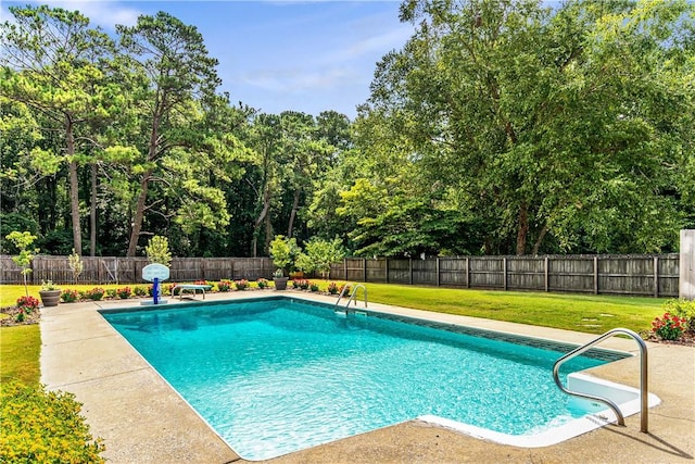 view of swimming pool with a patio area and a yard