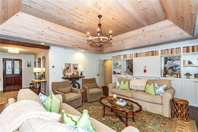 living room with hardwood / wood-style floors, a notable chandelier, wood ceiling, and a tray ceiling